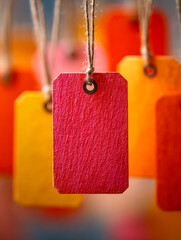 Close-up of colorful blank tags hanging from strings, vibrant orange and yellow backgrounds creating a lively and dynamic display of decorative labels or price tags