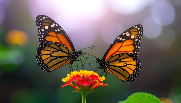Two vibrant butterflies with orange and black patterned wings gently touch antennae atop a colorful flower, set against a blurred bokeh background - Powered by Adobe