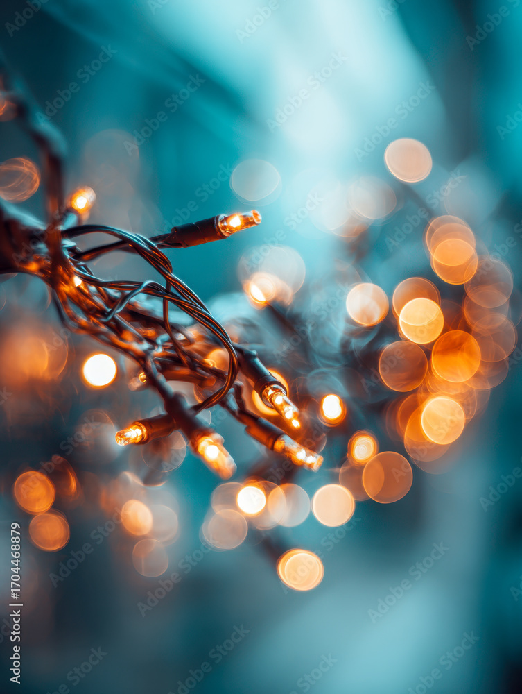 Poster close-up of warm glowing string lights with bokeh effect creating a cozy festive ambiance against a 