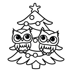 Fototapeta premium Two cartoon owls perched on a decorated christmas tree with a star on top decorated tree ornaments