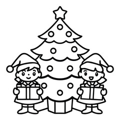 Fototapeta premium Two children wearing Santa hats holding gifts by a Christmas tree outline presents