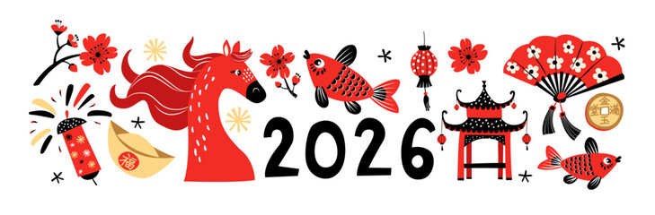 Chinese New Year 2026, Red Horse Zodiac, Lanterns, and Festive Symbols Vector Illustration