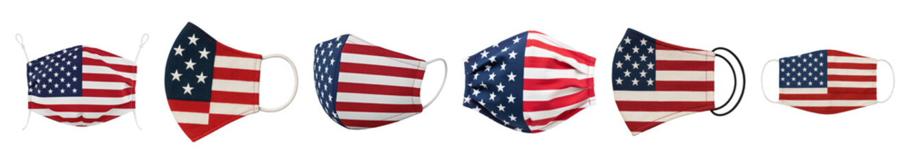 Fototapeta premium American flag face mask set including six cloth masks in various angles isolated. Patriotic safety and health accessories.