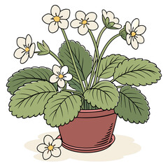 Obraz premium Charming potted strawberry plant with delicate white flowers and lush green leaves, perfect for garden decor or spring themes.
