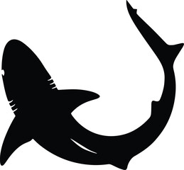 Minimal vector silhouette, shark circling with curved body, top-down angle implied, solid black