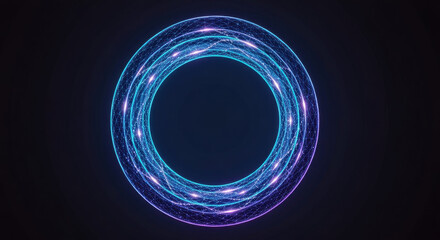 Dynamic glowing digital portal with vibrant blue and purple energy streams and intricate network patterns