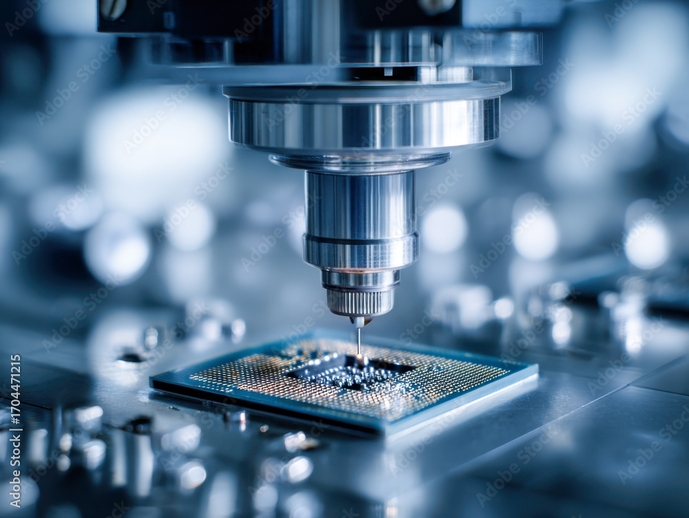 Poster close-up of a high-precision manufacturing process involving a microscopic chip under an advanced in