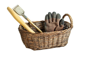 Wicker basket with gardening tools and gloves composition on transparent background