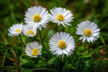 Fototapeta premium Close-up of several delicate white daisies in a natural setting.