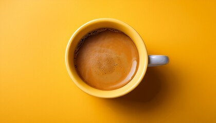 Coffee Cup With Frothy Surface Sitting On Vibrant Yellow Background Captures Morning Bliss