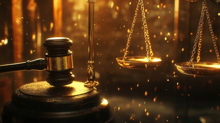 Golden gavel and scales of justice in a dramatic setting.
