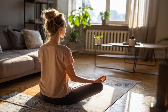 Woman practicing meditation in a living room with sunlight streaming through the window, sitting cross-legged on a rug