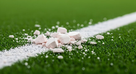 Sports field line marker powder and chalk spilled on artificial turf beside white boundary line