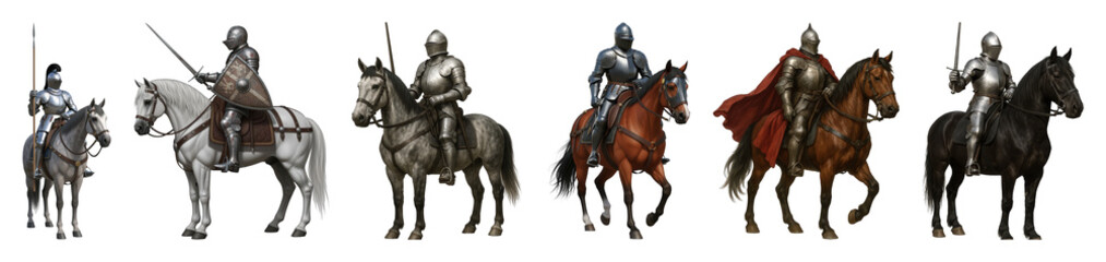 Medieval knight and horse set including armored figures, diverse horse breeds, and weaponry isolated. Historical warfare and fantasy collection.