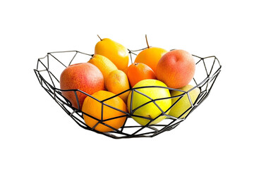 Fresh assortment of vibrant fruits in a modern wire basket on transparent background