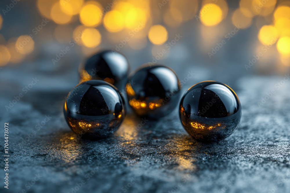 Poster shiny black metallic spheres resting on a textured surface reflecting warm golden lights creating a 