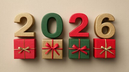Christmas and New Year 2026 concept, 3D numbers placed on wrapped gift boxes in red and green with gold ribbon, festive holiday theme, фото Concept: holiday gifts, Christmas wrapping, 2026