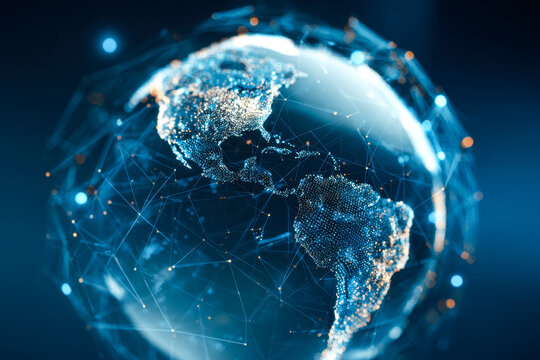 Digital network connecting global continents with glowing data points and lines - Powered by Adobe