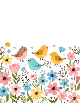 Cute birds and flowers in a spring garden
