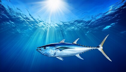 Fototapeta premium Bluefin Tuna Swimming In Deep Blue Ocean With Sunbeams