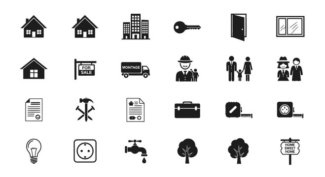 Action Icons Featuring Home, Keys, and Transport in a Minimalist Graphic Design Setting