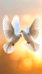 Fototapeta premium Two white doves in flight at sunset