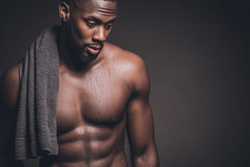 Fototapeta premium Athletic male with muscular torso and sweat, holding towel over shoulder against a dark background