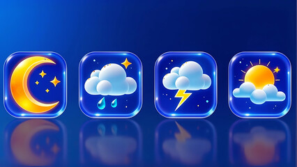 3D glossy weather forecast icon set for mobile app UI isolated PNG with Transparent Background