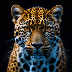 Obraz premium Majestic Leopard Staring Intently with Golden Eyes on Black Background