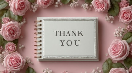 Open spiral notebook with thank you text on white background