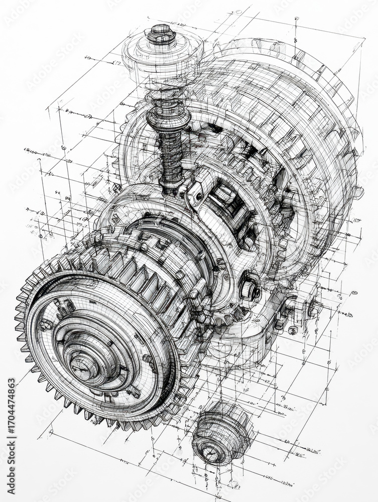 Poster technical blueprint of a complex mechanical gear system and transmission component