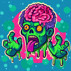 Scary cartoon zombie head with brains and its tongue out, showing hands. Funky psychedelic and trippy halloween character with slime around it 