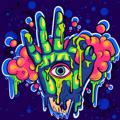 Mystical and occult zombie hand with the eye of Horus in the middle. Freemasonry and illuminati conspiracy theory symbol with slime around it.