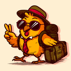 Funny chicken wearing sunglasses and a tie. Mascot chick travelling with a suitcase and a hat.