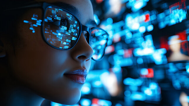 Young woman analyzing data reflections on glasses in a futuristic digital environment