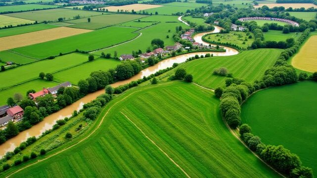 Aerial view of a lush green landscape with a winding river. Fields and trees surround small houses, showcasing rural tranquility and natural beauty.