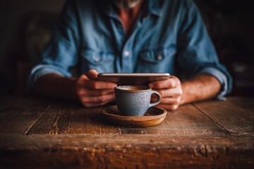Person in denim shirt holding a tablet with a coffee cup on a rustic wooden table