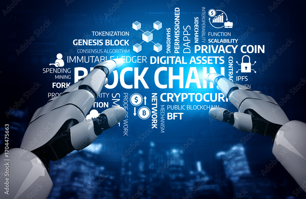 Poster a futuristic robot hand interacts with a vibrant blockchain concept, showcasing digital assets and i