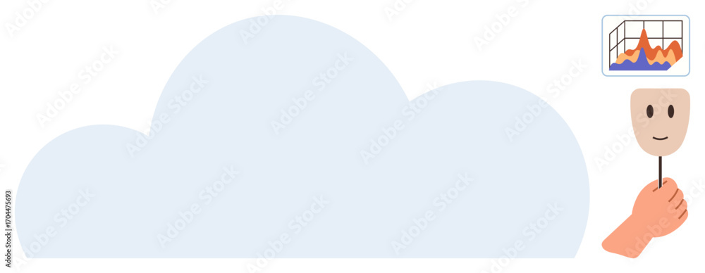 Aufkleber soft cloud shape, a hand holding a smiling mask, and a dynamic data graph convey themes thumbs up pr