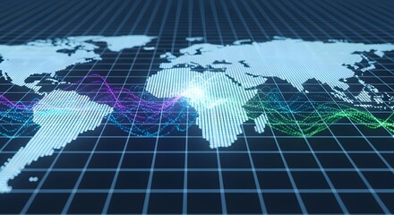World map with digital grid and glowing data points over the continents