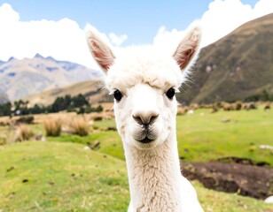 Obraz premium Close-up of a white alpaca in a grassy landscape