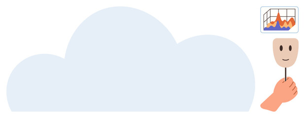 Soft cloud shape, a hand holding a smiling mask, and a dynamic data graph convey themes thumbs up privacy, identity, analytics, technology, data security, transparency, and simple flat metaphor