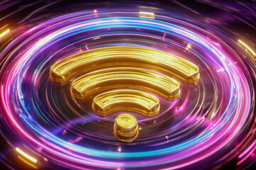 Obraz premium Close-up of glowing golden wireless signal icon surrounded by vibrant neon rings representing fast and futuristic digital connectivity on black background