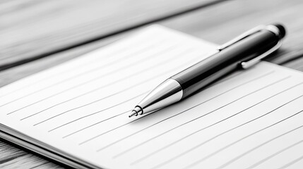 Pen and notepad on desk black and white
