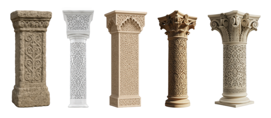 Ornate decorative column set including stone, marble, and carved styles isolated. Architectural and historical design elements.