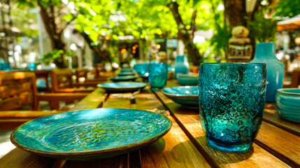 Outdoor dining table set with blue ceramic plates and glasses in a lush green garden setting