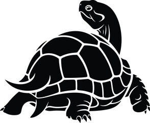 Minimal vector silhouette, tortoise turning head back, tail visible, side view, solid black