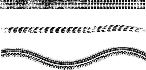 Tire tread marks, isolated wheel texture, tire marks - drift, rally, races, off-road, motocross. Vector isolated texture with grunge effect, splashes. Black monochrome tread prints. Vector graphic set