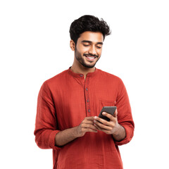 South Asian man in orange kurta using smartphone on background