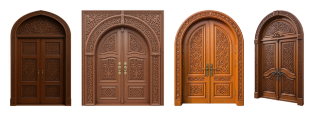 Carved wooden door set including ornate arched double doors in various wood tones isolated. Architectural elements for design.